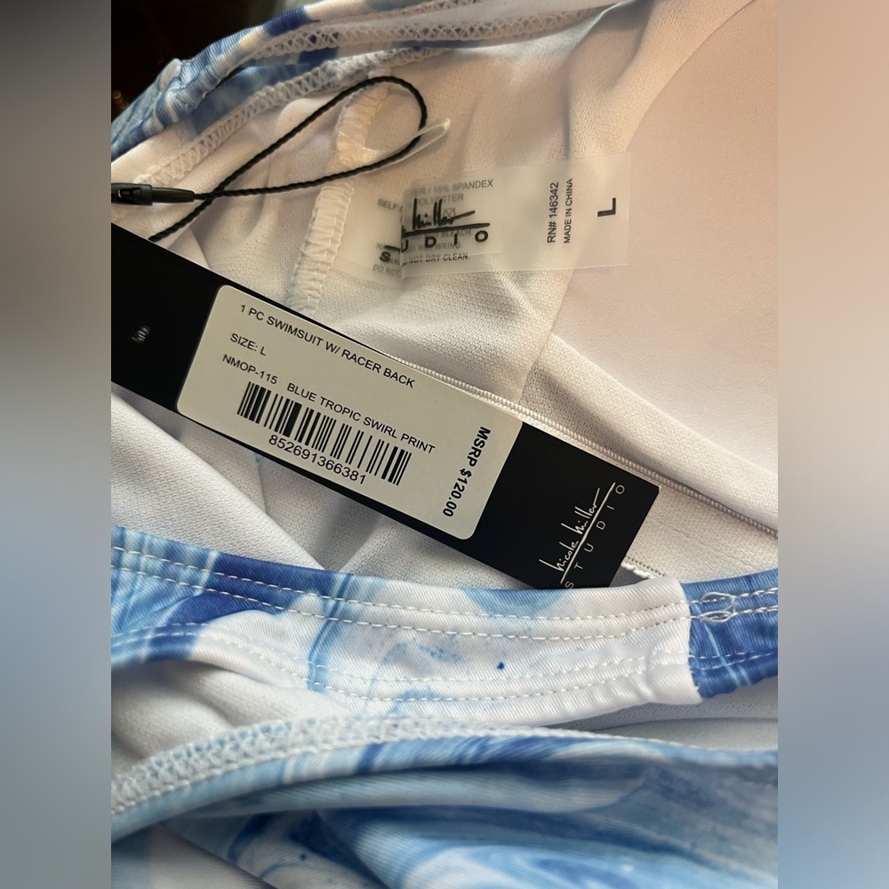 NWT NICOLE MILLER BLUE AND WHITE ONE PIECE SWIMSUIT SIZE LARGE - Picture 4 of 4